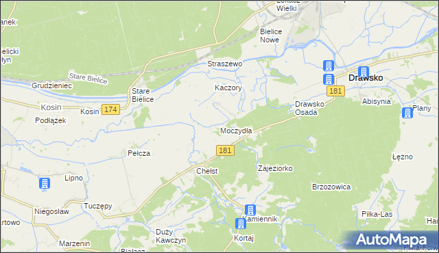 mapa Moczydła gmina Drawsko, Moczydła gmina Drawsko na mapie Targeo
