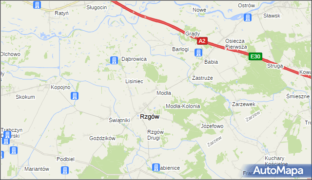 mapa Modła gmina Rzgów, Modła gmina Rzgów na mapie Targeo