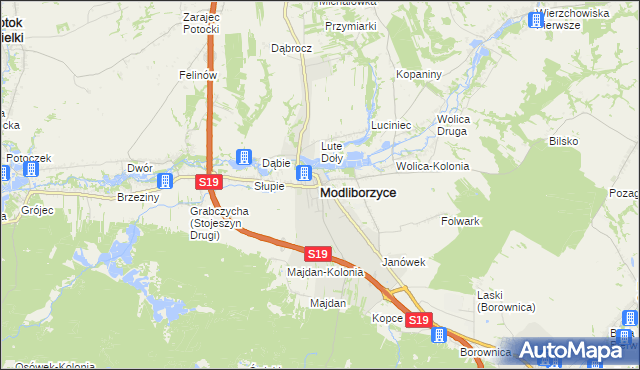 mapa Modliborzyce powiat janowski, Modliborzyce powiat janowski na mapie Targeo