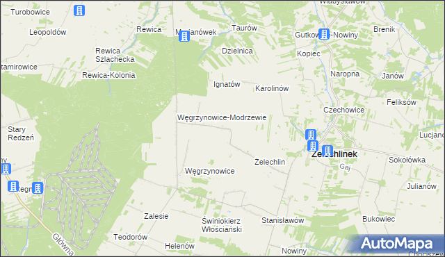 mapa Modrzewek gmina Żelechlinek, Modrzewek gmina Żelechlinek na mapie Targeo