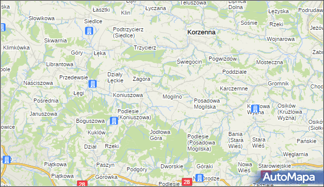 mapa Mogilno gmina Korzenna, Mogilno gmina Korzenna na mapie Targeo