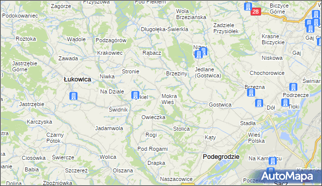 mapa Mokra Wieś gmina Podegrodzie, Mokra Wieś gmina Podegrodzie na mapie Targeo