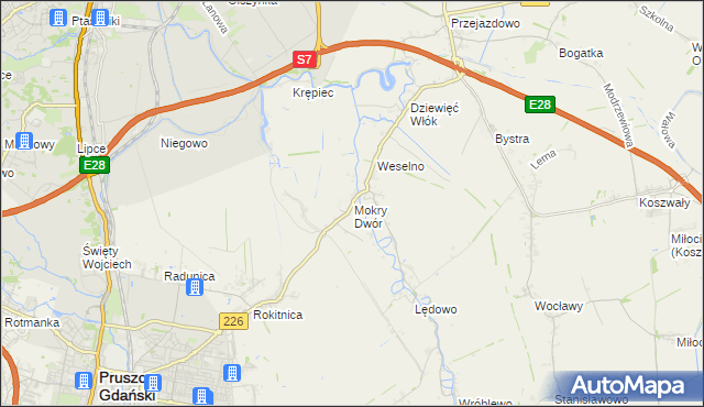 mapa Mokry Dwór gmina Pruszcz Gdański, Mokry Dwór gmina Pruszcz Gdański na mapie Targeo