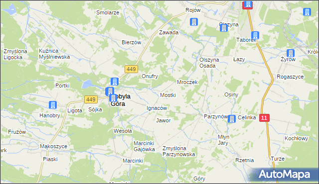 mapa Mostki gmina Kobyla Góra, Mostki gmina Kobyla Góra na mapie Targeo