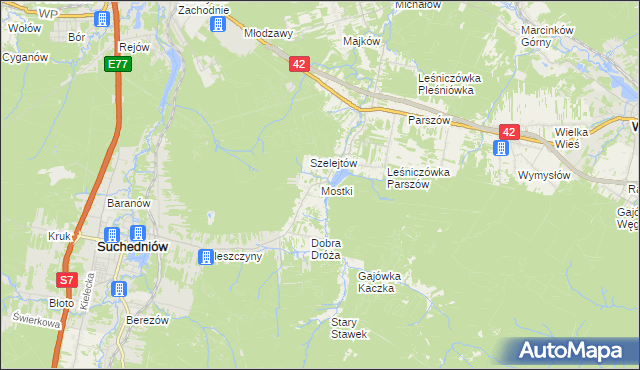 mapa Mostki gmina Suchedniów, Mostki gmina Suchedniów na mapie Targeo
