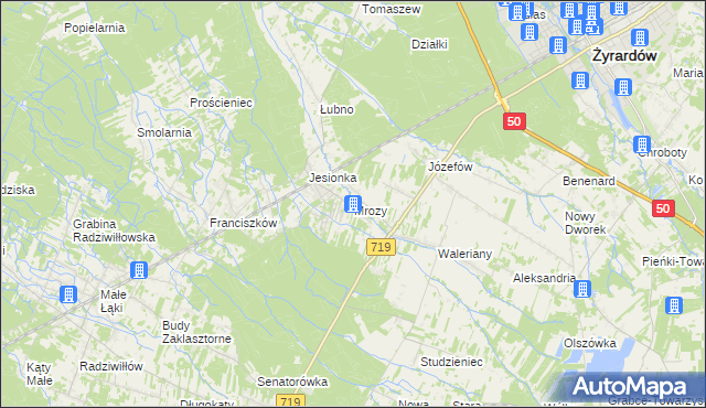 mapa Mrozy gmina Puszcza Mariańska, Mrozy gmina Puszcza Mariańska na mapie Targeo