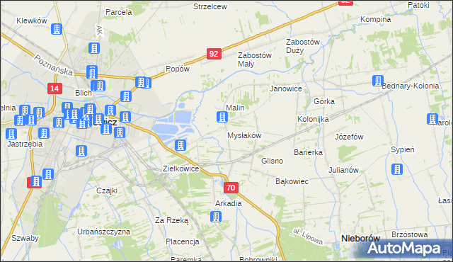 mapa Mysłaków gmina Nieborów, Mysłaków gmina Nieborów na mapie Targeo