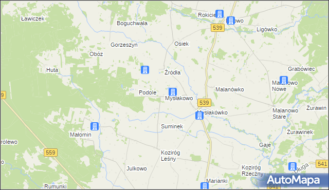 mapa Mysłakowo, Mysłakowo na mapie Targeo