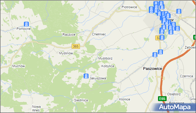 mapa Myślibórz gmina Paszowice, Myślibórz gmina Paszowice na mapie Targeo