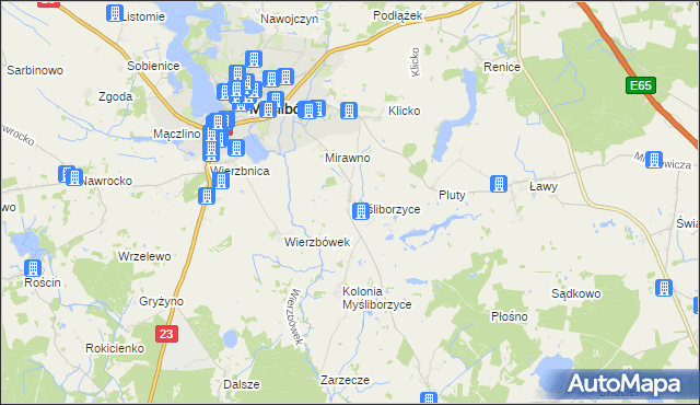 mapa Myśliborzyce gmina Myślibórz, Myśliborzyce gmina Myślibórz na mapie Targeo