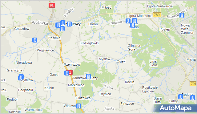 mapa Mysłów gmina Koziegłowy, Mysłów gmina Koziegłowy na mapie Targeo