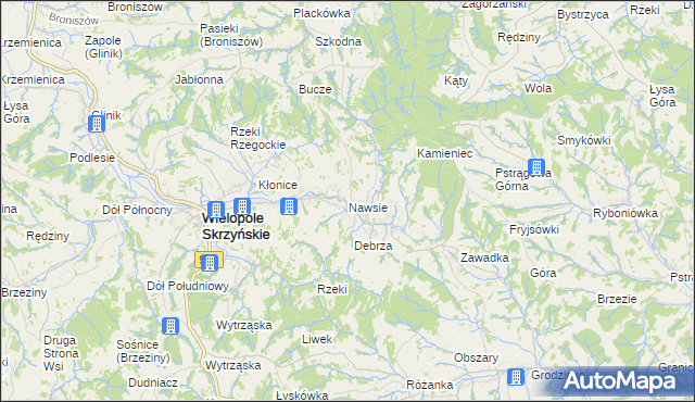 mapa Nawsie gmina Wielopole Skrzyńskie, Nawsie gmina Wielopole Skrzyńskie na mapie Targeo