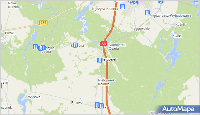 mapa Nietoperek, Nietoperek na mapie Targeo