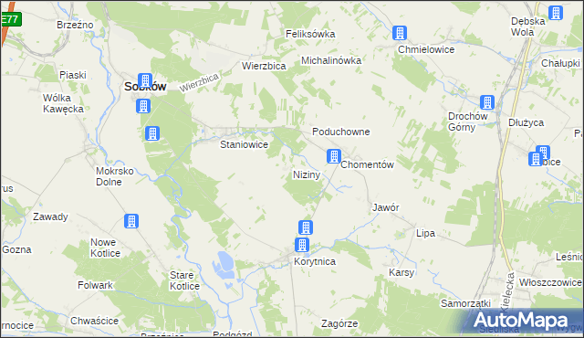 mapa Niziny gmina Sobków, Niziny gmina Sobków na mapie Targeo