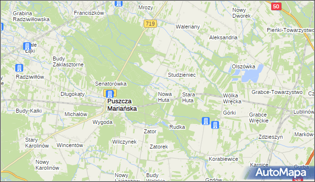 mapa Nowa Huta gmina Puszcza Mariańska, Nowa Huta gmina Puszcza Mariańska na mapie Targeo