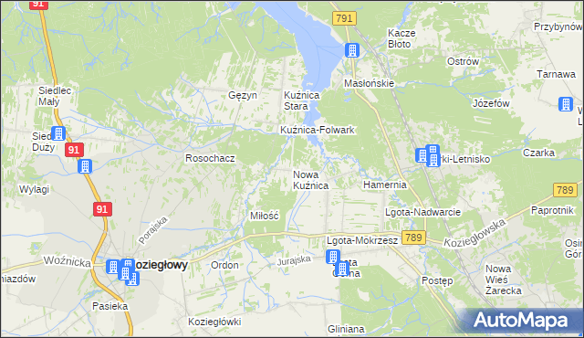 mapa Nowa Kuźnica gmina Koziegłowy, Nowa Kuźnica gmina Koziegłowy na mapie Targeo