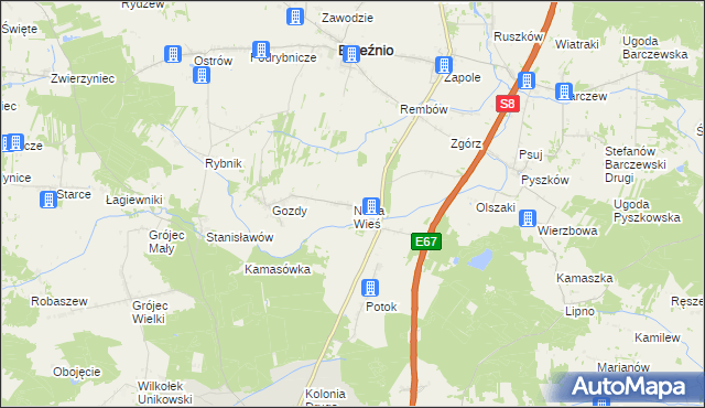 mapa Nowa Wieś gmina Brzeźnio, Nowa Wieś gmina Brzeźnio na mapie Targeo