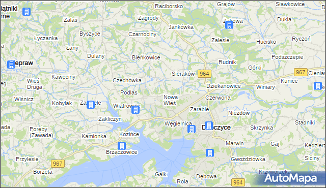mapa Nowa Wieś gmina Dobczyce, Nowa Wieś gmina Dobczyce na mapie Targeo