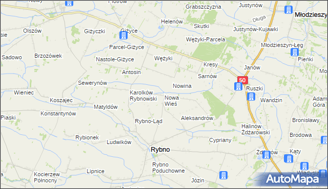 mapa Nowa Wieś gmina Rybno, Nowa Wieś gmina Rybno na mapie Targeo