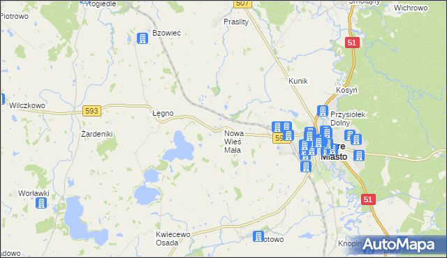 mapa Nowa Wieś Mała gmina Dobre Miasto, Nowa Wieś Mała gmina Dobre Miasto na mapie Targeo