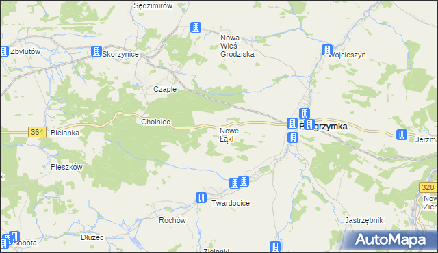 mapa Nowe Łąki gmina Pielgrzymka, Nowe Łąki gmina Pielgrzymka na mapie Targeo