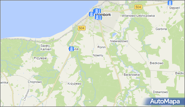 mapa Nowiny gmina Frombork, Nowiny gmina Frombork na mapie Targeo