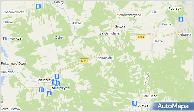 mapa Nowosiółki gmina Milejczyce, Nowosiółki gmina Milejczyce na mapie Targeo