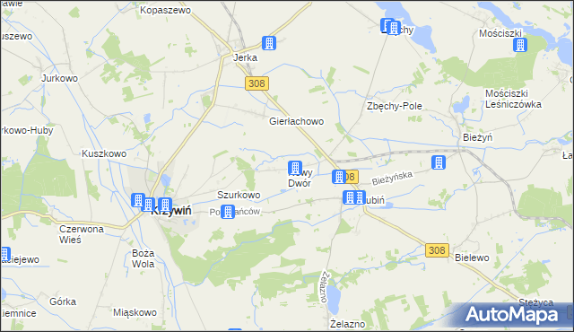 mapa Nowy Dwór gmina Krzywiń, Nowy Dwór gmina Krzywiń na mapie Targeo