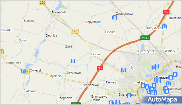 mapa Obora gmina Gniezno, Obora gmina Gniezno na mapie Targeo