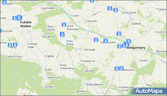 mapa Odrowąż gmina Wielgomłyny, Odrowąż gmina Wielgomłyny na mapie Targeo