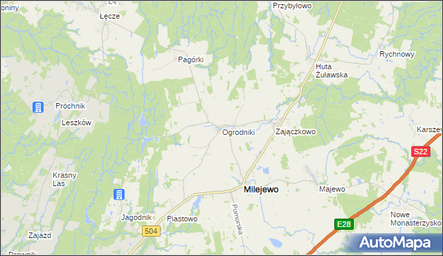 mapa Ogrodniki gmina Milejewo, Ogrodniki gmina Milejewo na mapie Targeo