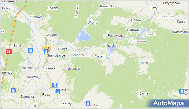 mapa Ojrzeń gmina Gidle, Ojrzeń gmina Gidle na mapie Targeo