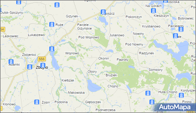 mapa Okonin gmina Brzuze, Okonin gmina Brzuze na mapie Targeo