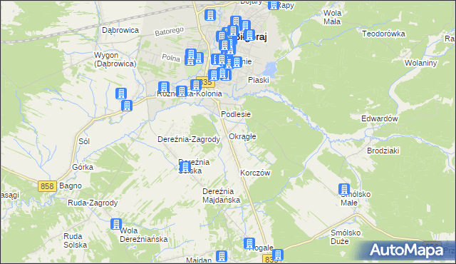 mapa Okrągłe gmina Biłgoraj, Okrągłe gmina Biłgoraj na mapie Targeo