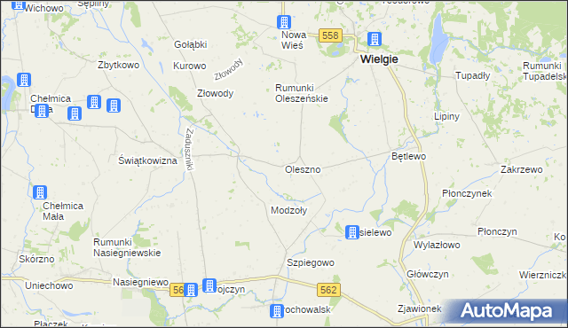 mapa Oleszno gmina Wielgie, Oleszno gmina Wielgie na mapie Targeo