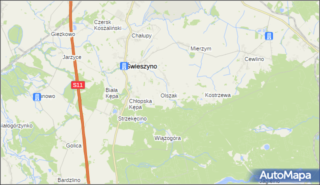 mapa Olszak gmina Świeszyno, Olszak gmina Świeszyno na mapie Targeo