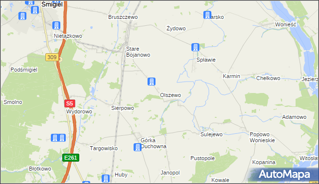 mapa Olszewo gmina Śmigiel, Olszewo gmina Śmigiel na mapie Targeo