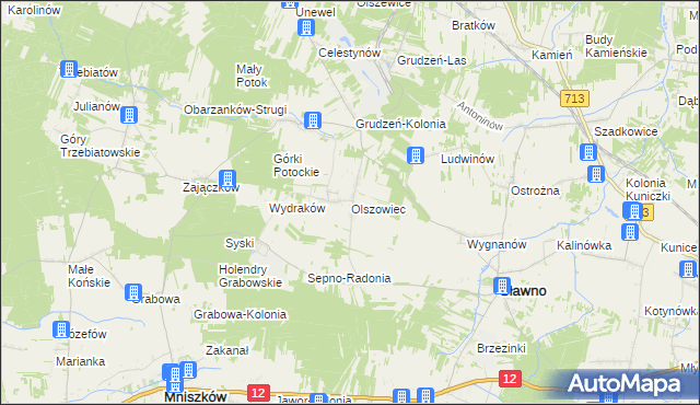 mapa Olszowiec gmina Sławno, Olszowiec gmina Sławno na mapie Targeo