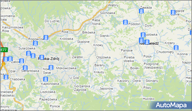 mapa Olszówka gmina Mszana Dolna, Olszówka gmina Mszana Dolna na mapie Targeo