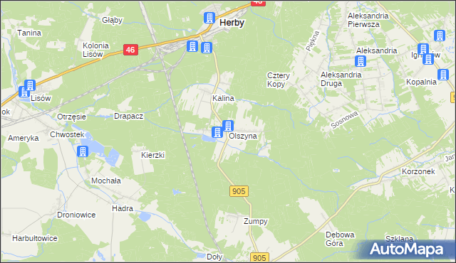 mapa Olszyna gmina Herby, Olszyna gmina Herby na mapie Targeo