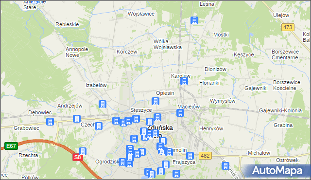 mapa Opiesin gmina Zduńska Wola, Opiesin gmina Zduńska Wola na mapie Targeo