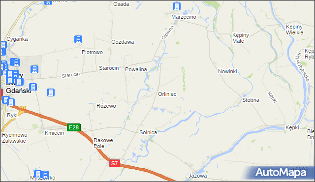 mapa Orliniec gmina Nowy Dwór Gdański, Orliniec gmina Nowy Dwór Gdański na mapie Targeo