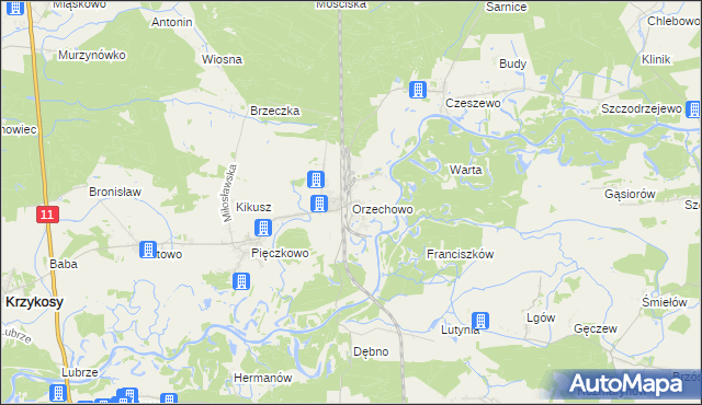 mapa Orzechowo gmina Miłosław, Orzechowo gmina Miłosław na mapie Targeo