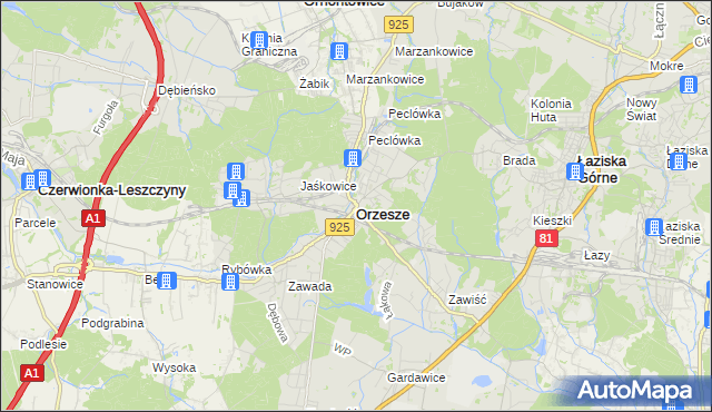 mapa Orzesze powiat mikołowski, Orzesze powiat mikołowski na mapie Targeo