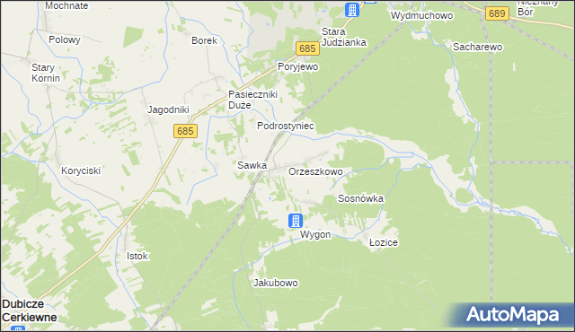 mapa Orzeszkowo gmina Hajnówka, Orzeszkowo gmina Hajnówka na mapie Targeo