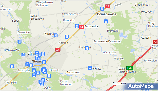 mapa Ostrołęka gmina Głowno, Ostrołęka gmina Głowno na mapie Targeo