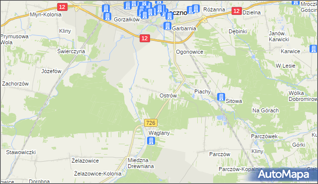 mapa Ostrów gmina Opoczno, Ostrów gmina Opoczno na mapie Targeo