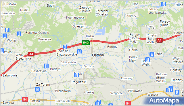 mapa Ostrów powiat ropczycko-sędziszowski, Ostrów powiat ropczycko-sędziszowski na mapie Targeo