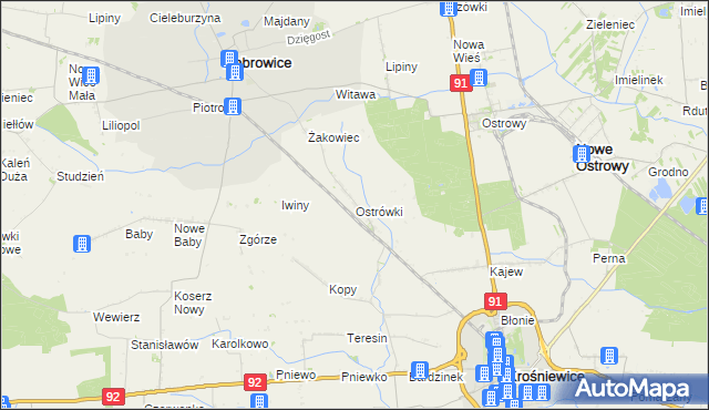 mapa Ostrówki gmina Dąbrowice, Ostrówki gmina Dąbrowice na mapie Targeo