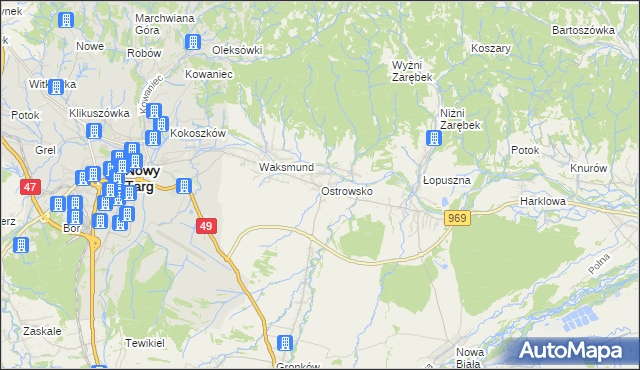 mapa Ostrowsko gmina Nowy Targ, Ostrowsko gmina Nowy Targ na mapie Targeo